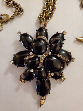 Oscar de la Renta Style Black Cabochon Pendant Necklace, Crystal and Earrings